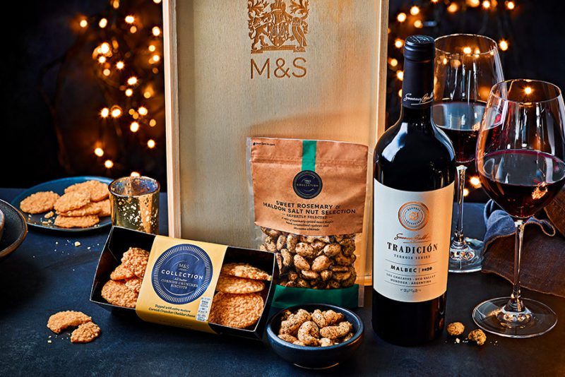 M&S wooden box with wine and nuts